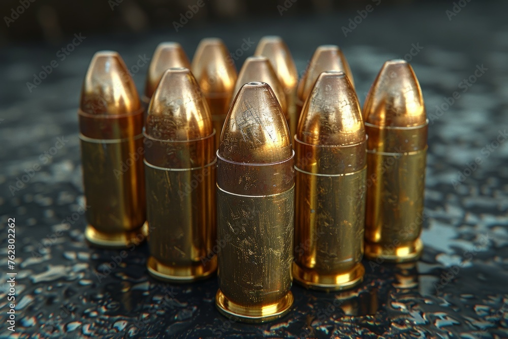 Obraz premium A row of gold colored bullets are lined up on a table