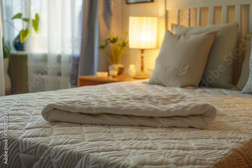 A bed with a white comforter and pillows