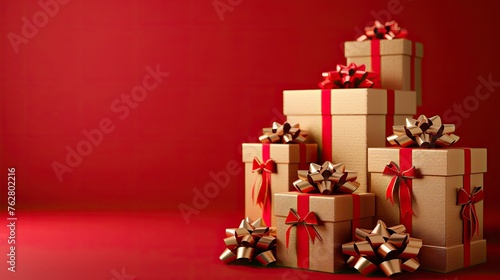 Golden Surprises Stacked High with Red Bows on a Vibrant Background - Festive Gift Giving Concept