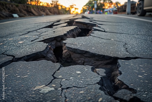 Crack in the asphalt on the road. Background with selective focus and copy space