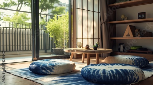 Cozy reading nook with a tatami mat low table and shibo