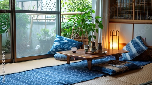 Cozy reading nook with a tatami mat low table and shibo