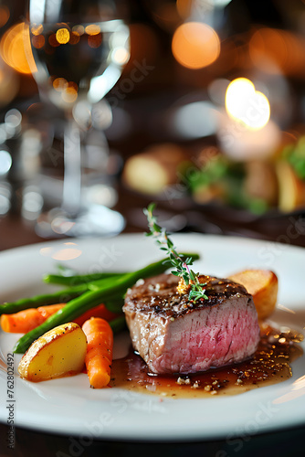 Exquisite Dining: Gourmet Medium-Rare Steak Dish Served with Freshly Prepared Vegetables in a Luxurious Restaurant