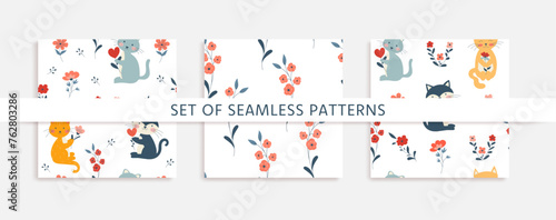 Set of seamless patterns and backgrounds with cute cats and flowers. Vector illustration for for Textile, Stationery, animal product design