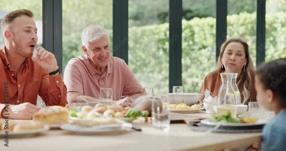 Family, home and table for lunch with conversation for bonding on visit, guest and excited for memories. Grandparents, son and child for dining with food or meal, smile and happiness for fun Family, home and table for lunch with conversation for bonding on visit, guest and excited for memories. Grandparents, son and child for dining with food or meal, smile and happiness for fun