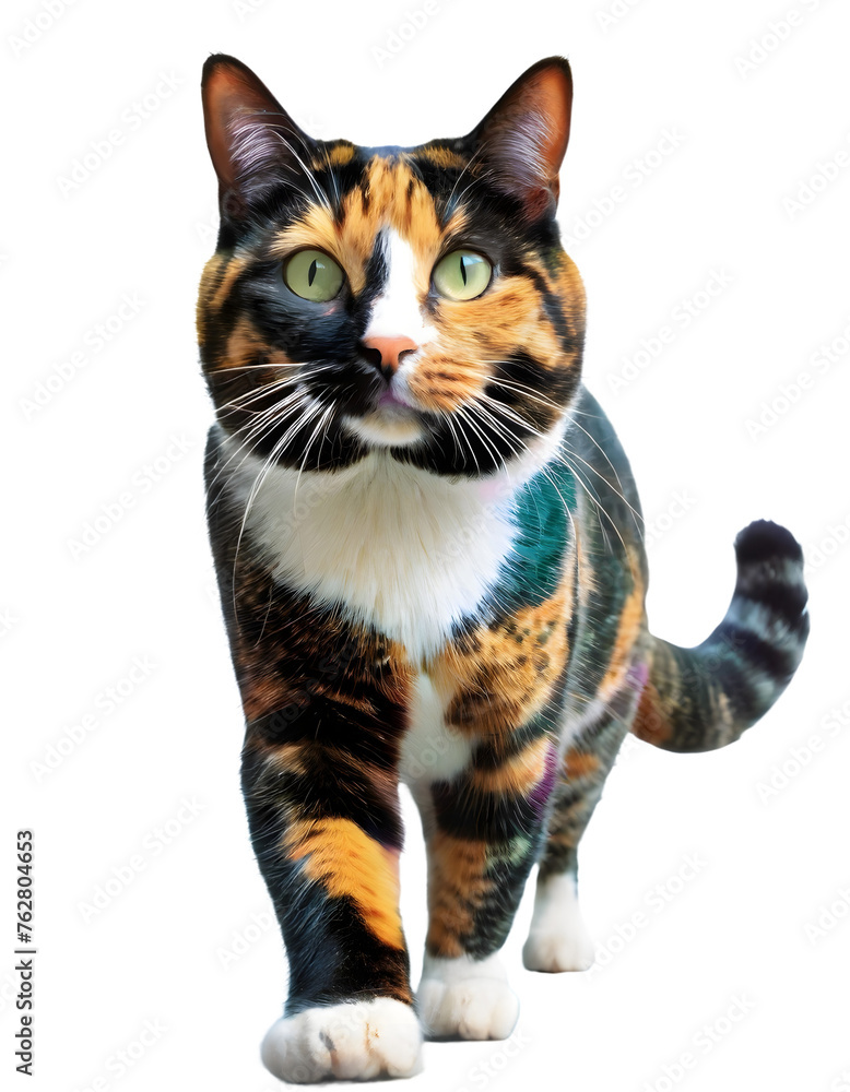 black and white cat, walking pose isolated on white transparent background with clipping path, for printing and web page design, sticker, png transparent.