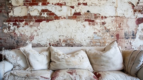 a couch with several pillows on it in front of a wall with a peeling paint chipping off of it. photo