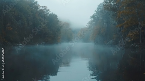 a body of water surrounded by trees in the middle of a foggy day with a boat in the middle of the water. © Olga
