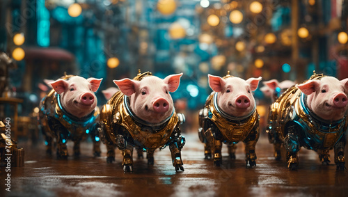 Pigs in Harnesses: Group of Domesticated Swine Outdoors
