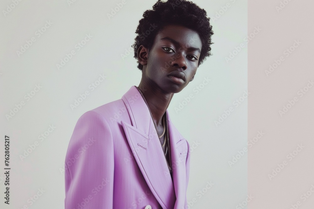 A man in a purple suit is standing in front of a white background. Transgender person A man in a purple suit is standing in front of a white background. Transgender person