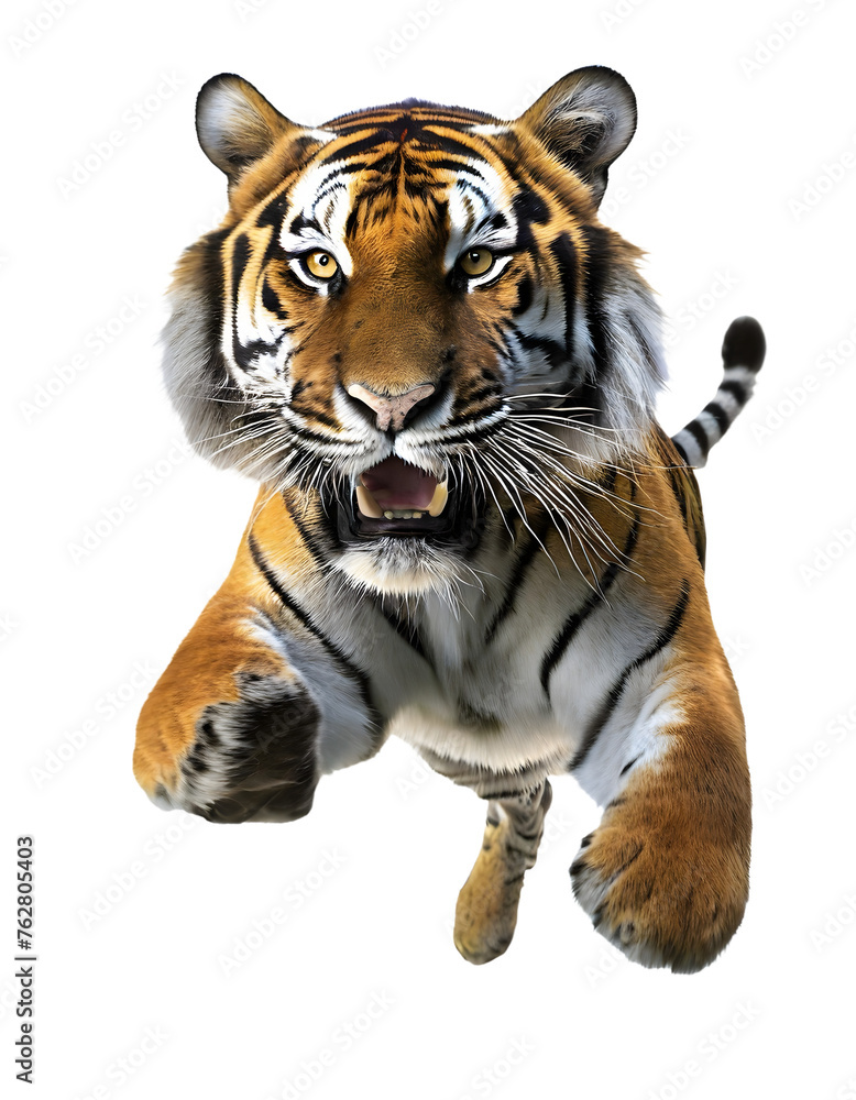 White bengal tiger, jumping pose isolated on white transparent background with clipping path, for printing and web page design, sticker, png transparent.