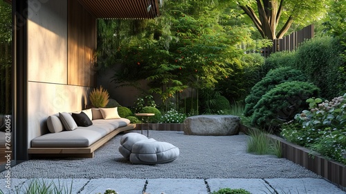 Japandi Garden Retreat: Outdoor retreat with Japanese garden features and Scandinavian-style seating for relaxation.


