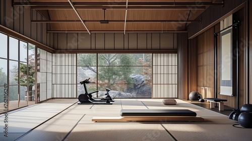 Japandi home gym with minimalist equipment, tatami flooring, and shoji screens