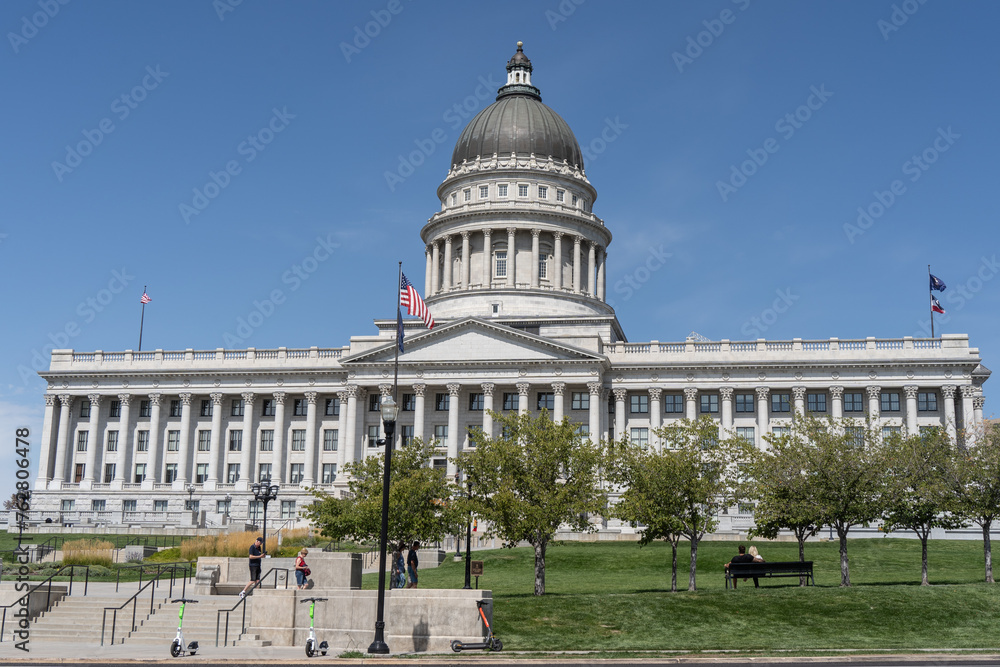 Salt Lake City Utah State Capitol Building with Blue Sky Background.