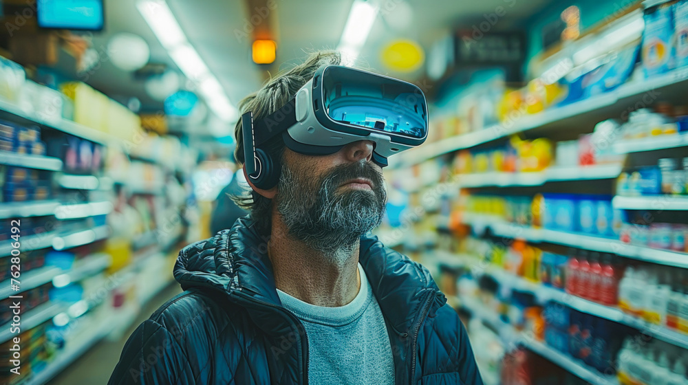 A man in virtual reality glasses makes purchases in a store, a person in a grocery supermarket. Futuristic world. generative ai A man in virtual reality glasses makes purchases in a store, a person in a grocery supermarket. Futuristic world. generative ai