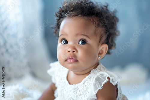 A baby girl with brown hair and blue eyes is sitting on a bed