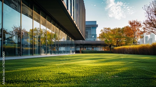 A sprawling green lawn flanking a sleek, modern building with floor-to-ceiling glass windows reflecting the vibrant foliage