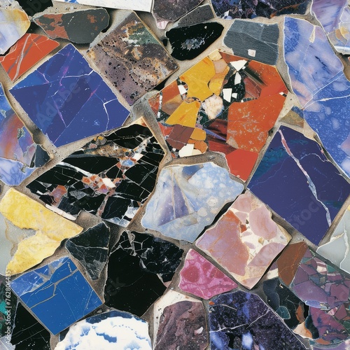 a close up of a multicolored tile with a white object in the middle of the mosaic pattern on top of it.