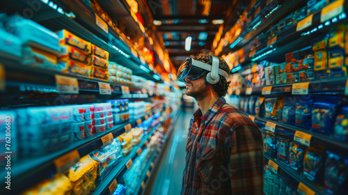 A man in virtual reality glasses makes purchases in a store, a person in a grocery supermarket. Futuristic world. generative ai