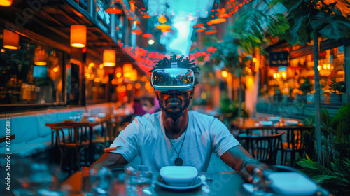 A man in a restaurant wearing virtual reality glasses, having dinner on a virtual futuristic date, long distance relationship. Futuristic world of virtual reality. generative ai.