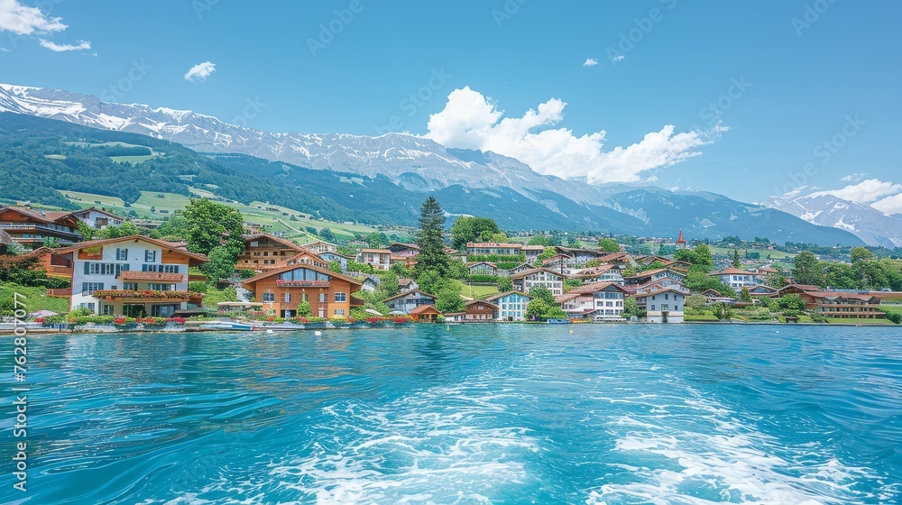 a large body of water with houses on the side of it and mountains in the backgrouds in the distance.