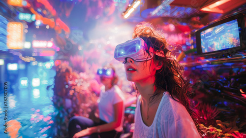 Beautiful woman in full immersion, virtual reality glasses, bright emotions, shock and surprise. Futuristic world of virtual reality and technology. generative ai