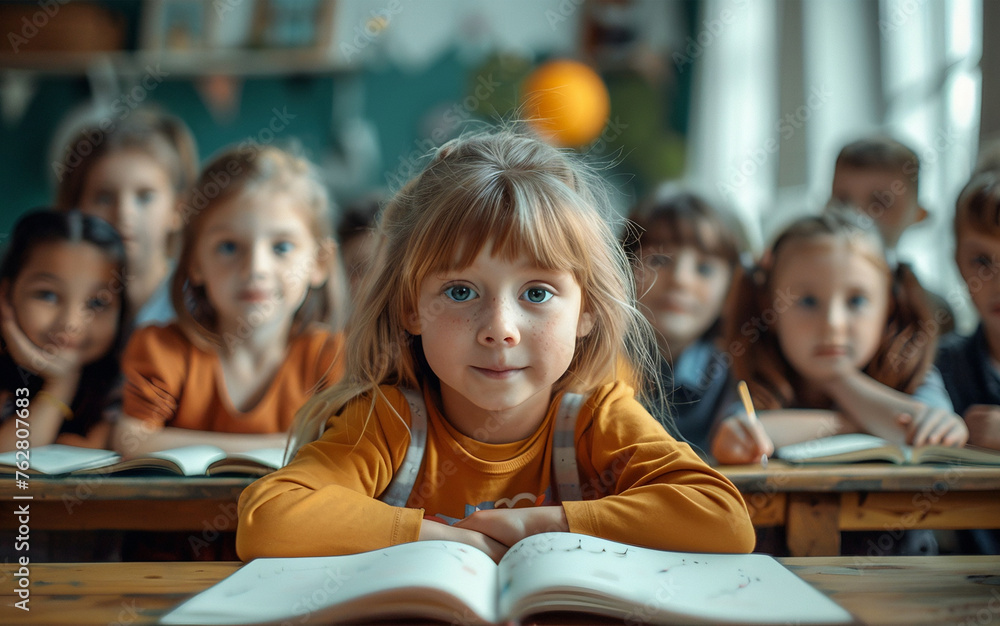 A girl with classmates engaging with books in a learning environment A girl with classmates engaging with books in a learning environment