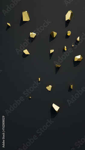 3d Abstract golden crystals or minerals, vertical background. Minimal quartz, stone, gems. Low poly gold. 3d rendering illustration not AI