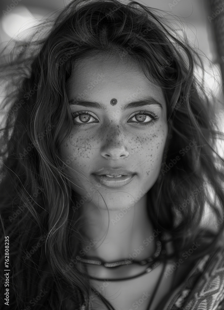 Monochromatic Portrait of a happy and beautiful Indian woman