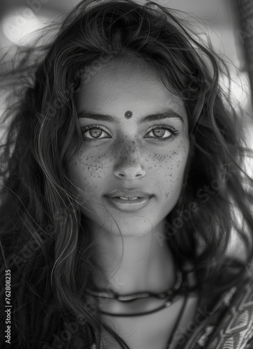 Monochromatic Portrait of a happy and beautiful Indian woman