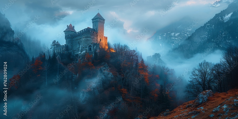 Background with the Old Gothic Castle in the hill - obrazy, fototapety, plakaty 