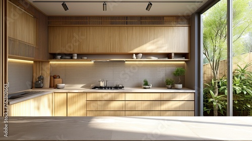 Japandi kitchen with bamboo cabinets stone countertops
