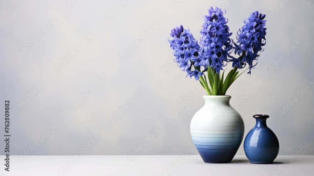 Blooming purple hyacinths in a vase standing on the side. Empty background in a vintage, charming style. Generative AI Blooming purple hyacinths in a vase standing on the side. Empty background in a vintage, charming style. Generative AI