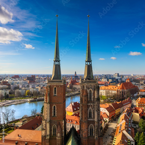 Panoramic view of the Old Town of Wroclaw and the Odra River. Wroclaw, Poland