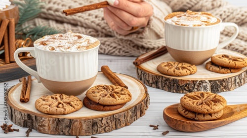 two mugs of hot chocolate and cinnamon cookies on wooden coasters with cinnamon sticks and cinnamon sticks in the background.