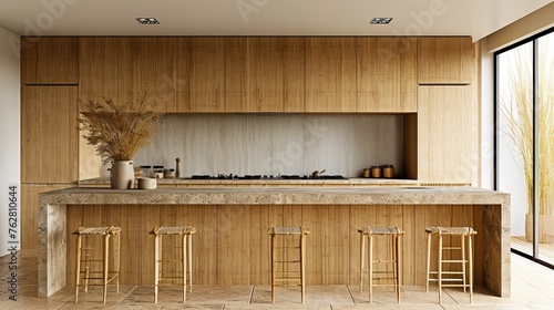Japandi kitchen with bamboo cabinets stone countertops