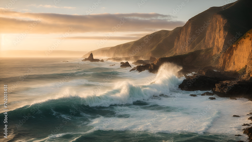 Coastal Sunrise: Waves Crashing on Rocky Shoreline