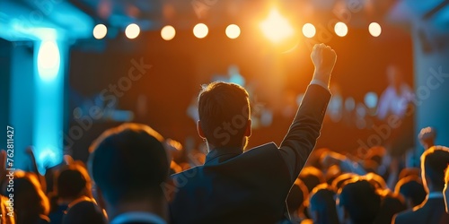 Excited audience celebrates business triumph as speaker steps onto the stage at conference. Concept Business Success, Public Speaking, Conference, Celebration, Achievement
