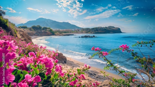 Summer blossoming Atlantic coastline landscape with pink flowers (Los Castros beach, Spain).