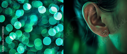 image combines two distinct elements. On the left side, vibrant green bokeh lights create an abstract and magical background.