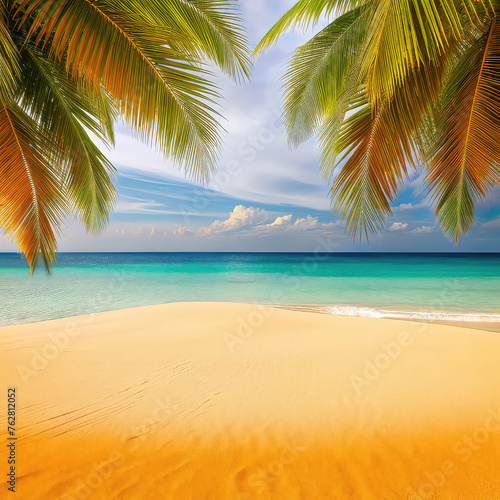 Yellow sand with palm trees and blue sea © Victor