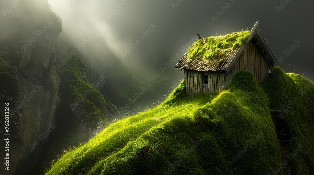 a house sitting on top of a lush green hillside next to a cliff with moss growing on top of it. - obrazy, fototapety, plakaty 