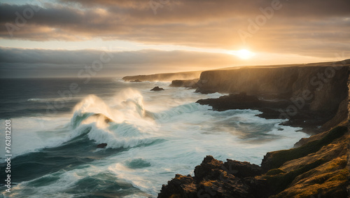 Coastal Sunrise: Waves Crashing on Rocky Shoreline © LL. Zulfakar Hidayat