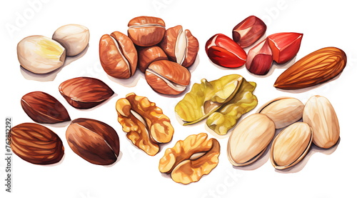 Mix nuts on white background. Scattered nuts, Generative AI