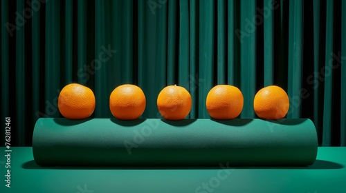 a group of oranges sitting on top of a piece of green material in front of a curtained window.