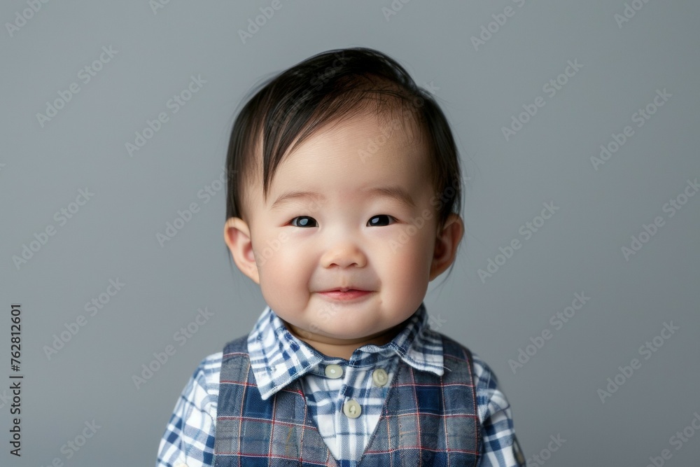 A baby is smiling and wearing a blue shirt and vest A baby is smiling and wearing a blue shirt and vest