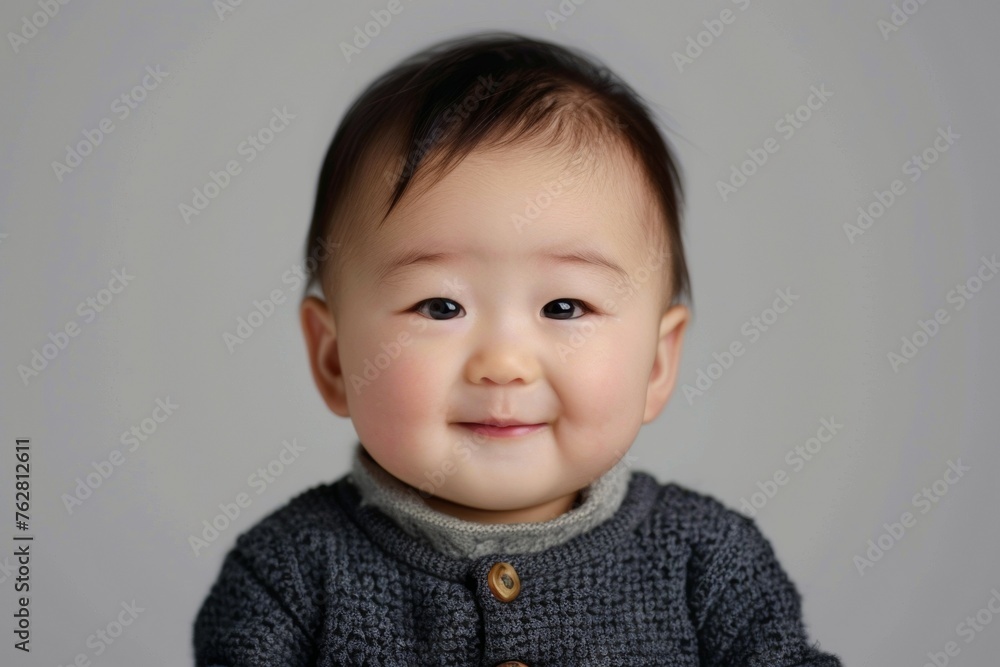 A baby is smiling and wearing a gray sweater A baby is smiling and wearing a gray sweater