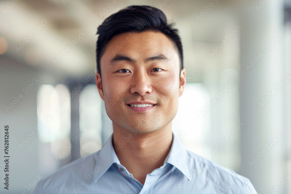 A man with a smile on his face is wearing a blue shirt A man with a smile on his face is wearing a blue shirt