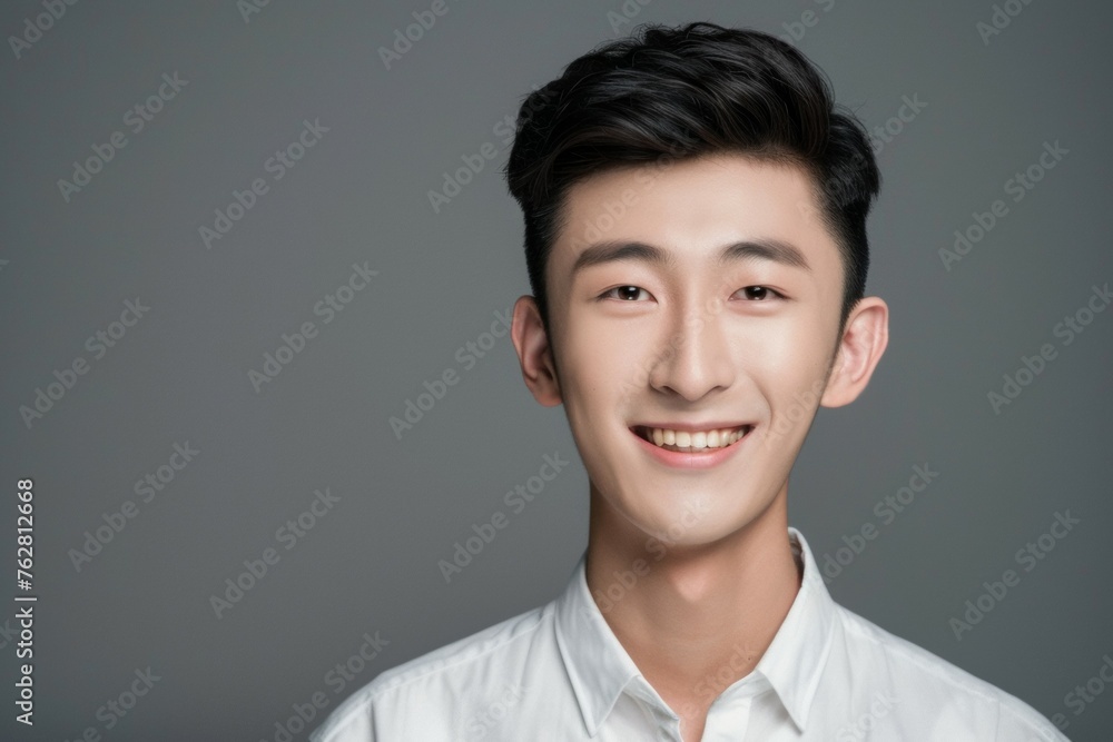 A young man with a smile on his face is wearing a white shirt A young man with a smile on his face is wearing a white shirt