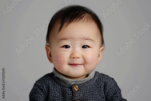 A baby is smiling and wearing a gray sweater